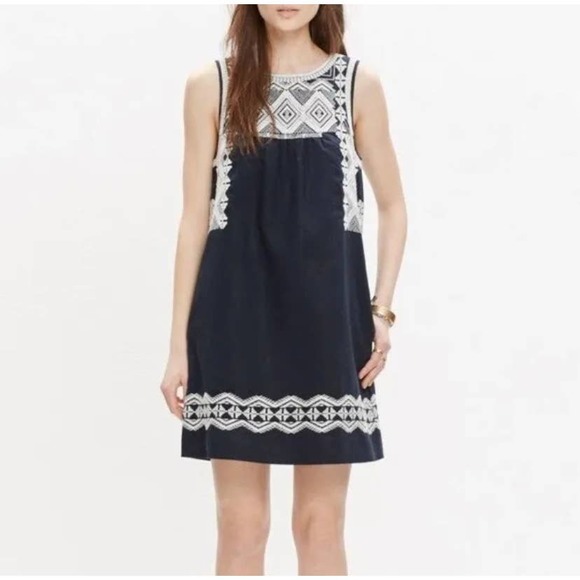 Madewell Dresses & Skirts - Madewell Embroidered Stitchtake Linen Sleeveless Keyhole Mini Dress Navy Blue  S